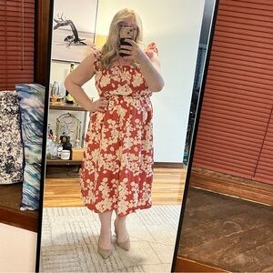 Penelope Rose smocked Floral pink Midi Dress white sleeveless sz M sundress